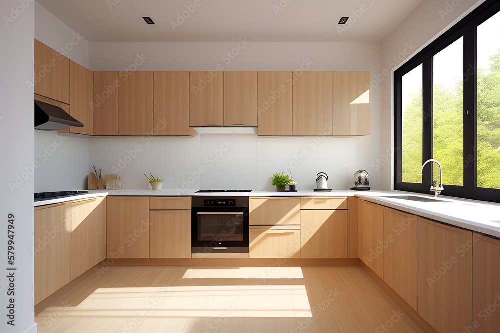 3D render close up blank empty space on beautiful oak wood wooden kitchen counter top with morning sunlight and foliages leaves shadow on white ceramic wall tiles in background. Kitchen, Backdrop. 3D render close up blank empty space on beautiful oak wood wooden kitchen counter top with morning sunlight and foliages leaves shadow on white ceramic wall tiles in background. Kitchen, Backdrop.