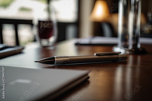 Modern Elegance: Professional Still Life Photography of a Modern Pen on a Modern Table with Bokeh Effects