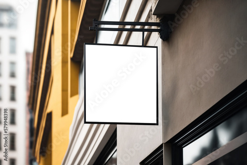 signboard mockup and template empty frame for logo or text on exterior street advertising city shop background, generative AI 