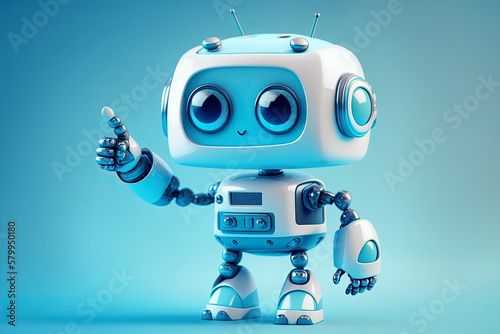cute friendly mini robot pointing fingers at copy space on blue background. Generative AI © alexkoral