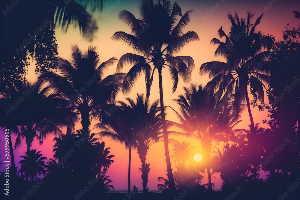 Sunset background with palms silhouettes