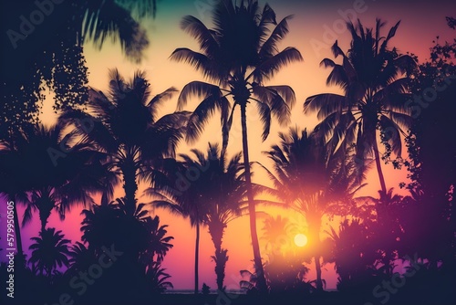 Sunset background with palms silhouettes © Elena
