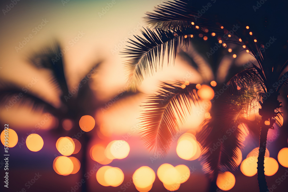 Blurred Sunset background with palms silhouettes