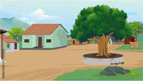Village farm house old Indian rural house. farmer house blue sky green village hut, banyan tree