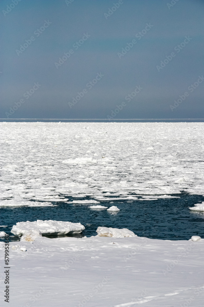 流氷が浮かぶ海と青空

