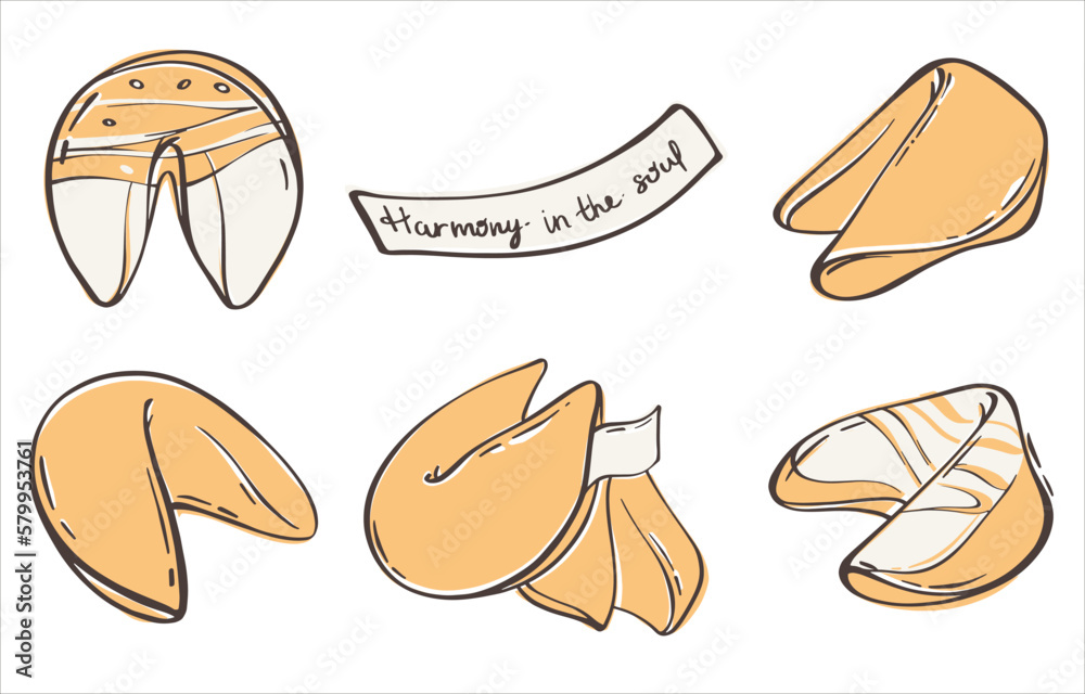 Set of chinese fortune cookies in flat style. Cookies with white icing and good predictions. Asian traditional food. Vector illustration for any design. Set of chinese fortune cookies in flat style. Cookies with white icing and good predictions. Asian traditional food. Vector illustration for any design.