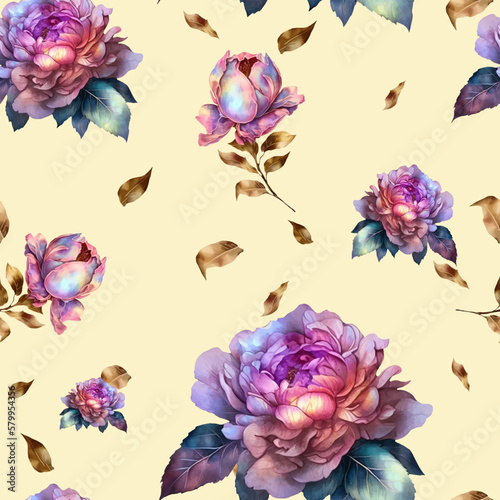 Floral summer seamless pattern. Garden flowers peonies  bud and leaves. Watercolor pink floral design. Template for fabrics  textiles  paper  wallpaper  greeting card  interior decoration  clothes