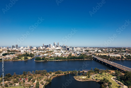 Aerial view across the Swan River of the Perth skyline and city centre 