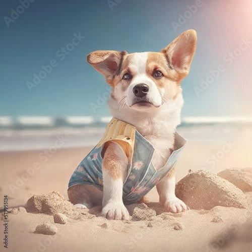 Corgi dog wearing summer outfit in a beach. Summer cardigan welsh corgi dog breed with summer attire and costume in beach background. Generative AI. © ZeinousGDS