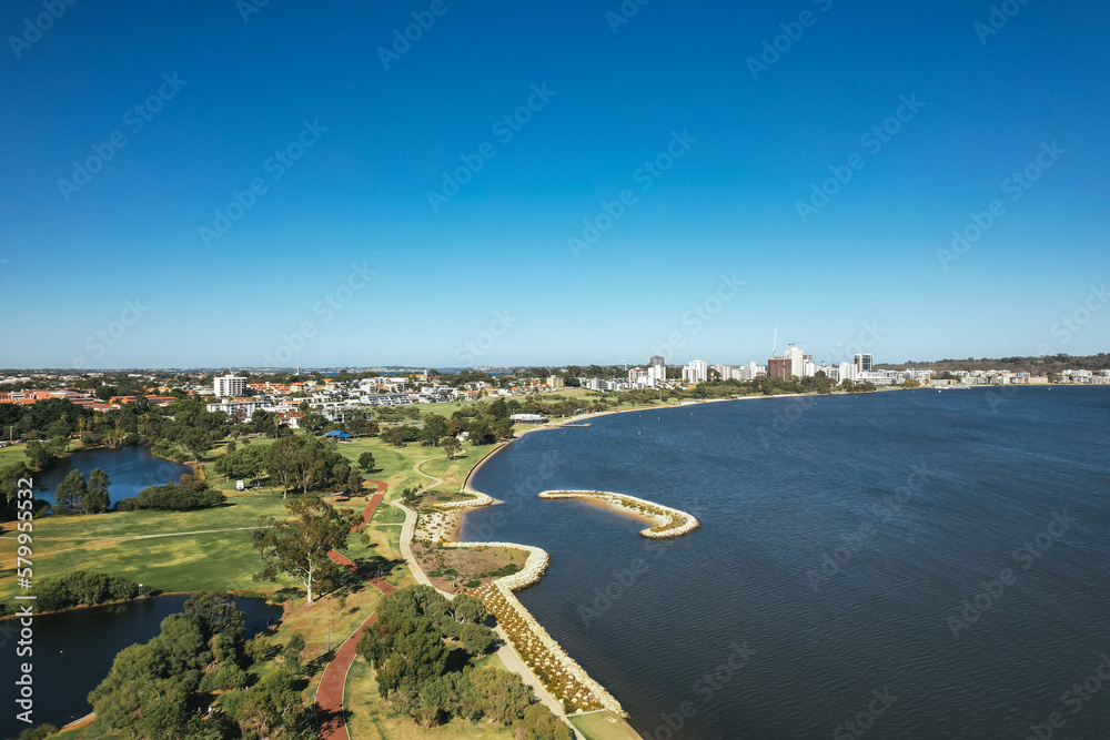 Aerial view of the South Perth Foreshore and Swan River in Perth, Western Australia
