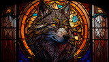 The wolf against the background of a colorful stained glass window made of multicolored glass