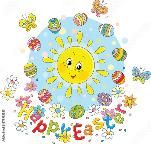 Easter card with a cute smiling sun surrounded by colorfully decorated gift eggs, spring flowers and merrily fluttering butterflies, vector cartoon illustration on a white background