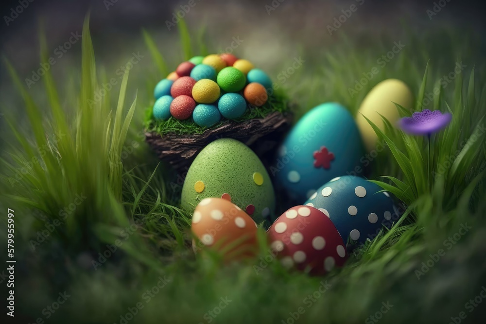 Easter eggs in green grass, generative AI Easter eggs in green grass, generative AI