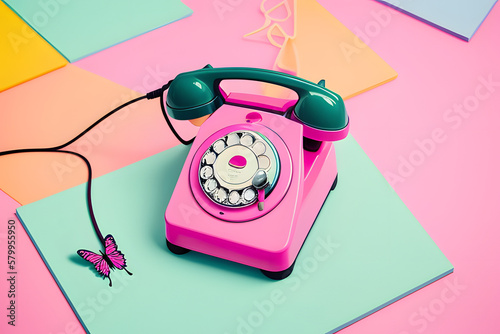 Spring creative layout with pink retro phone with colorful butterflies on pastel pink background and green grass. 80s or 90s retro fashion aesthetic telephone concept. Minimal romantic handset idea.