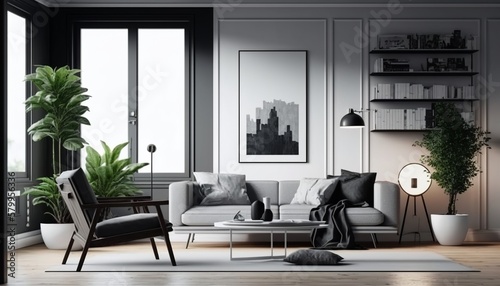 Modern minimalistic style bright living room interior with white walls, couch and coffee table. Generative AI © Csaba