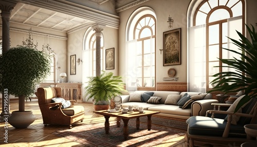 Bright and spacious traditional mediterrean interior style living room with sofa and coffee table. Generative AI © Csaba