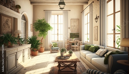 Bright and spacious traditional mediterrean interior style living room with sofa and coffee table. Generative AI