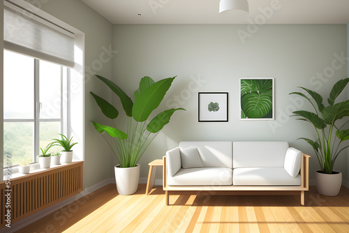Variety of easy care and air purify indoor tropical house plants in white wall room with sunlight from window casting shadow on wood floor. 3D render for home garden interior decoration background.