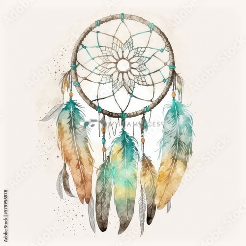 Abstract of dreamcather with colorful watercolor in hand drawn. Concept of belief in amulet decorated by feathers with net handmade. Finest generative AI. photo