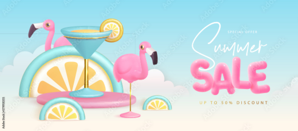 Summer big sale typography poster with 3d plastic text, flamingo and cosmopolitan cocktail. Summer background. Vector illustration.