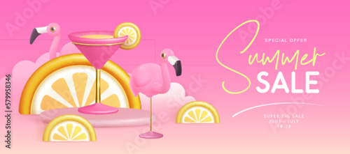 Summer big sale typography poster with 3d plastic flamingo, tropic fruits and cosmopolitan cocktail. Summer background. Vector illustration.