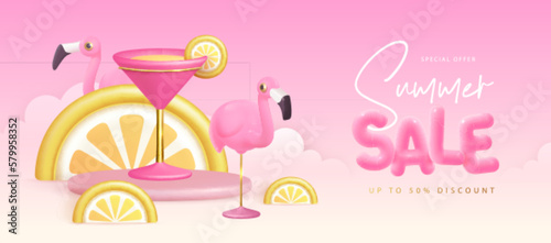 Summer big sale typography poster with 3d plastic text, flamingo and cosmopolitan cocktail. Summer background. Vector illustration.