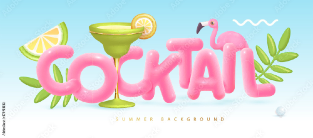 Fototapeta premium Summer cocktail disco party typography poster with 3D plastic text, cocktail, tropic leaves and flamingo. Vector illustration