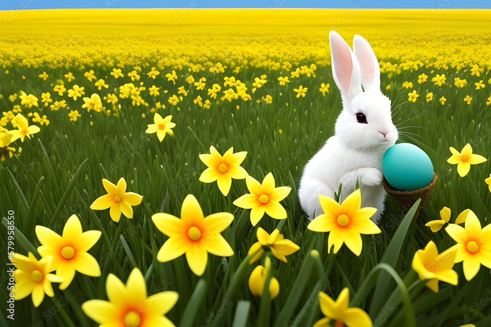 Fototapeta premium Easter - Bunny And Decorated Eggs In Flowery Field