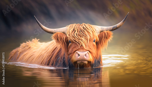 highland cow with horns. Generative AI .
