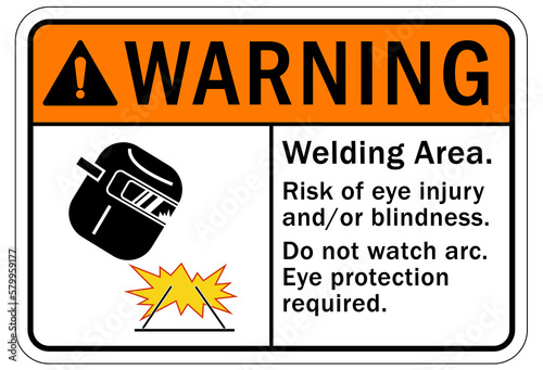 Welding hazard sign and labels welding area. Risk eye injury and/or blindness. Do not watch arc. Eye protection required