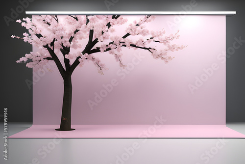 3D background, pink podium display. Sakura pink flower tree branch with frame. Cosmetic or beauty product promotion step floral pedestal. Abstract minimal advertise. 3D render copy space spring mockup © Floor