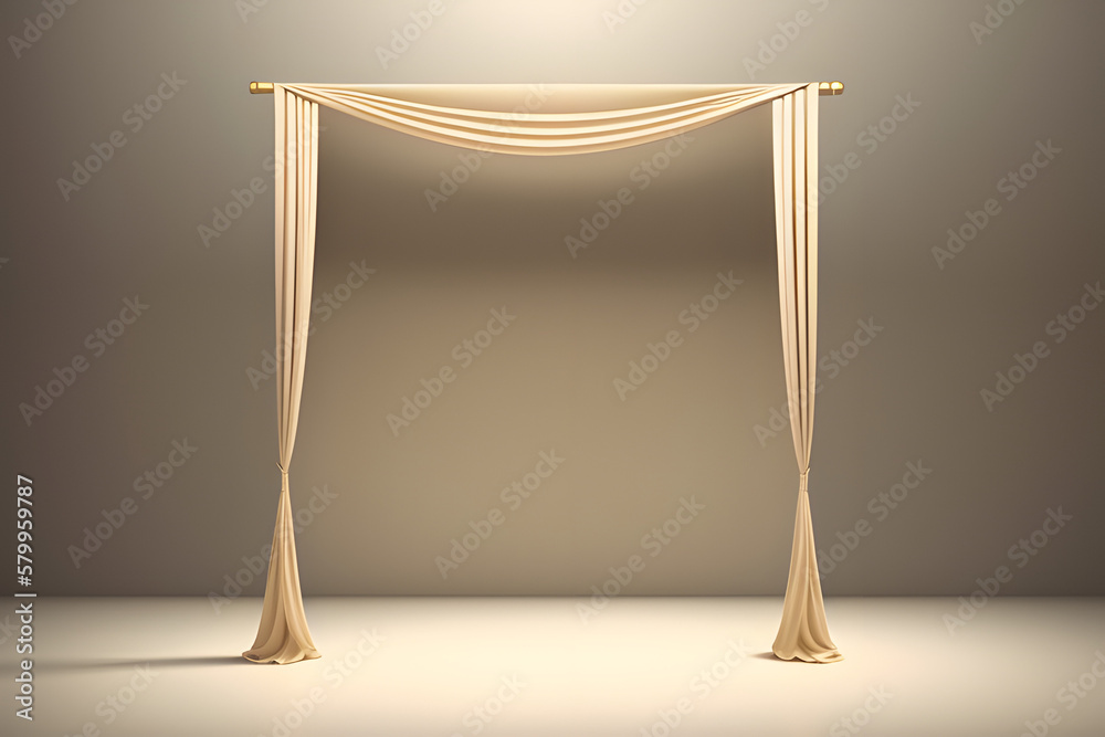3D background. Beige podium, display mockup. Luxury brown silk flying cloth in motion. Beauty, cosmetic product presentation. Feminine template with copy space. 3d render advertisement.