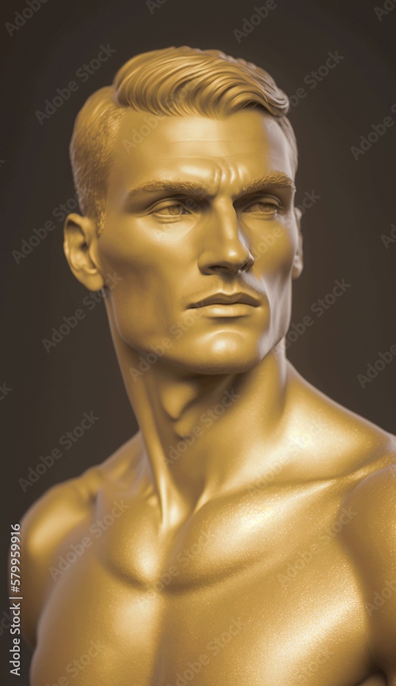 Statue in the style of ancient Greece, young man of gold, cheekbones, strong guy, majestic monument.. Generative AI. Statue in the style of ancient Greece, young man of gold, cheekbones, strong guy, majestic monument.. Generative AI.
