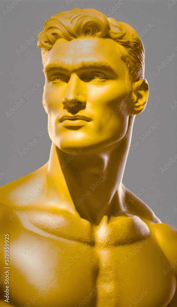 Statue in the style of ancient Greece, young man of gold, cheekbones, strong guy, majestic monument.. Generative AI.