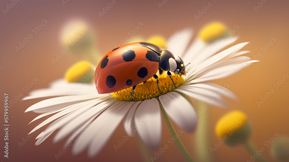Obraz premium Macro shot of cute little ladybug with orange wings and black dotted hunting for plant. Generative AI