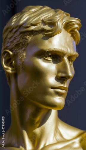 Young guy, fitness model, with pronounced cheekbones, antique god style photo, gold body paint, body art. Generative AI.