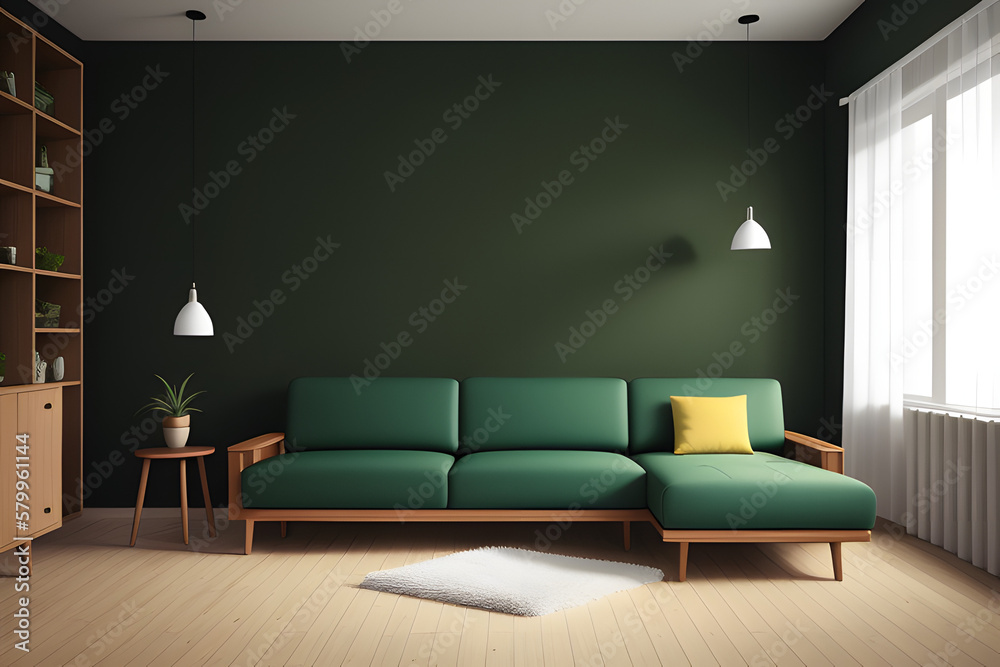 Fototapeta premium Dark green home interior with old retro furniture, 3d render