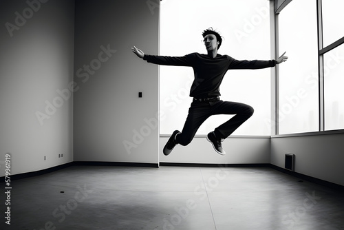 Man jumping in an empty building.