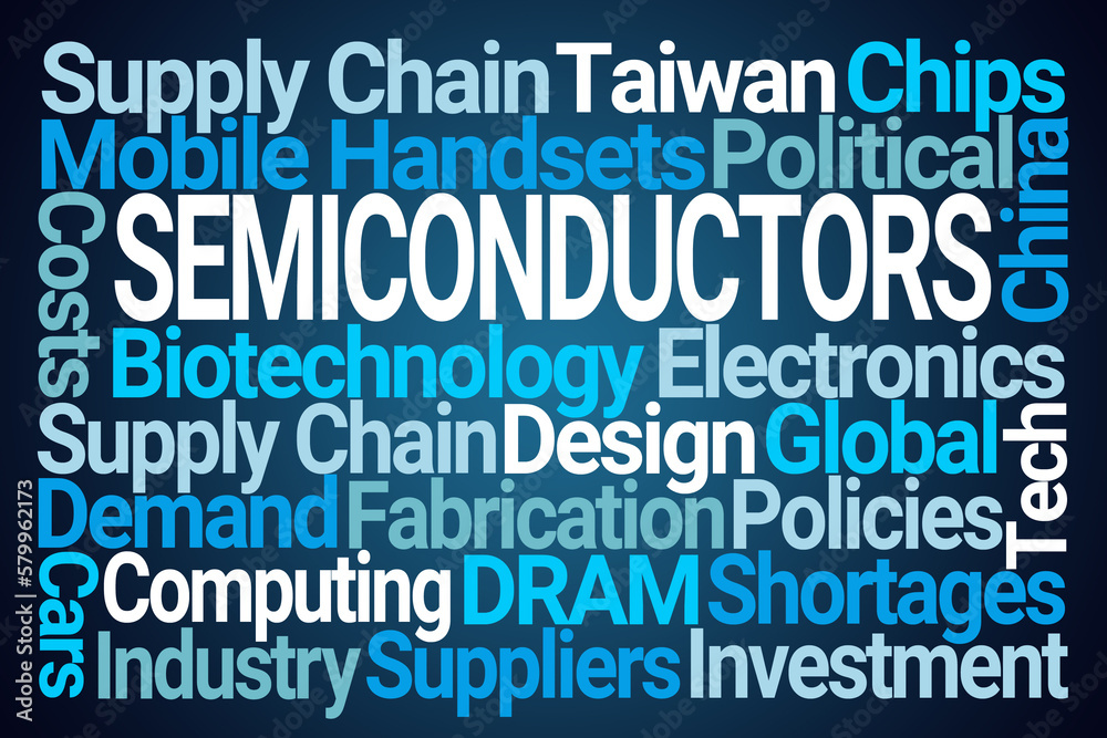 Semiconductors Word Cloud on Blue Background Semiconductors Word Cloud on Blue Background