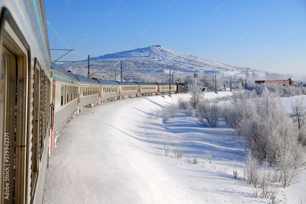Polar Express in Kiruna in winter scenery. Kiruna is city with iron ore mine. Sweden, Arctic Circle, Swedish Lapland Polar Express in Kiruna in winter scenery. Kiruna is city with iron ore mine. Sweden, Arctic Circle, Swedish Lapland