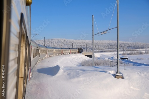 Polar Express in Kiruna in winter scenery. Kiruna is city with iron ore mine. Sweden, Arctic Circle, Swedish Lapland