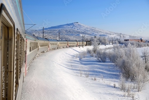 Polar Express in Kiruna in winter scenery. Kiruna is city with iron ore mine. Sweden, Arctic Circle, Swedish Lapland