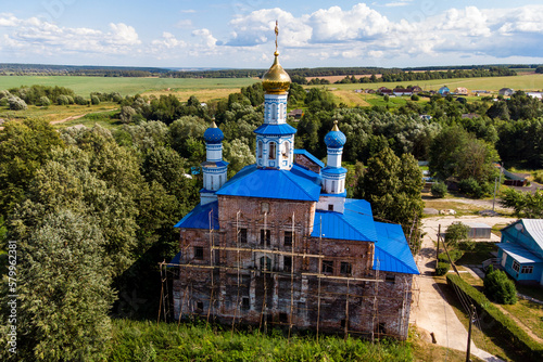 Aerial view of the Church of the Sign of the late 17th century in the village of Trubino, Kaluzhskiy region, Russia photo