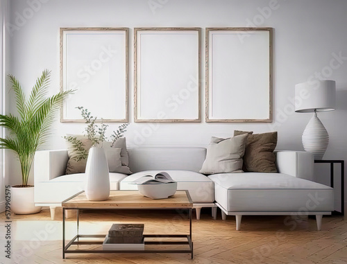 Mockup frame in modern home interior background. Mockup wall. Generative AI