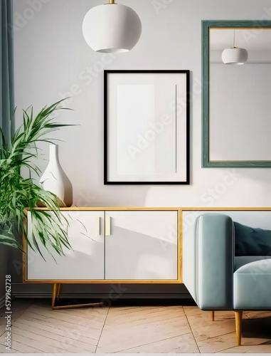 Mockup frame in modern home interior background. Mockup wall. Generative AI © Matyfiz