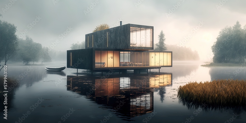 Contemporary modern building in the middle of a lake, generative ai - obrazy, fototapety, plakaty 