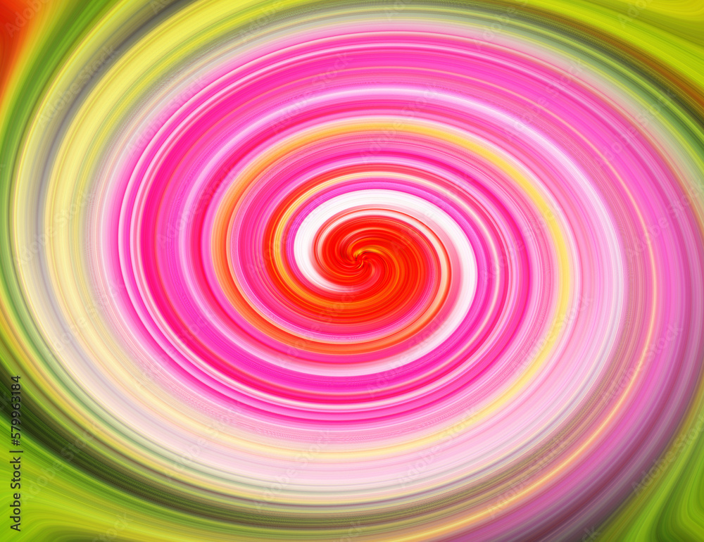 Colorful spiral swirl pattern in the morning light. Graphic abstract background of waves of pink and green colors.