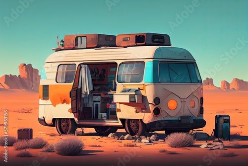 trailer camping car in a faraway location, generative ai © FrankBoston