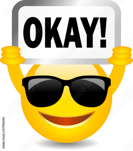 Happy smiling emoji with Okay sign, vector cartoon