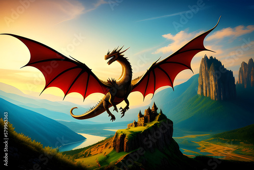 Artistic Illustration Of An Angry Dragon Flying Above Hills